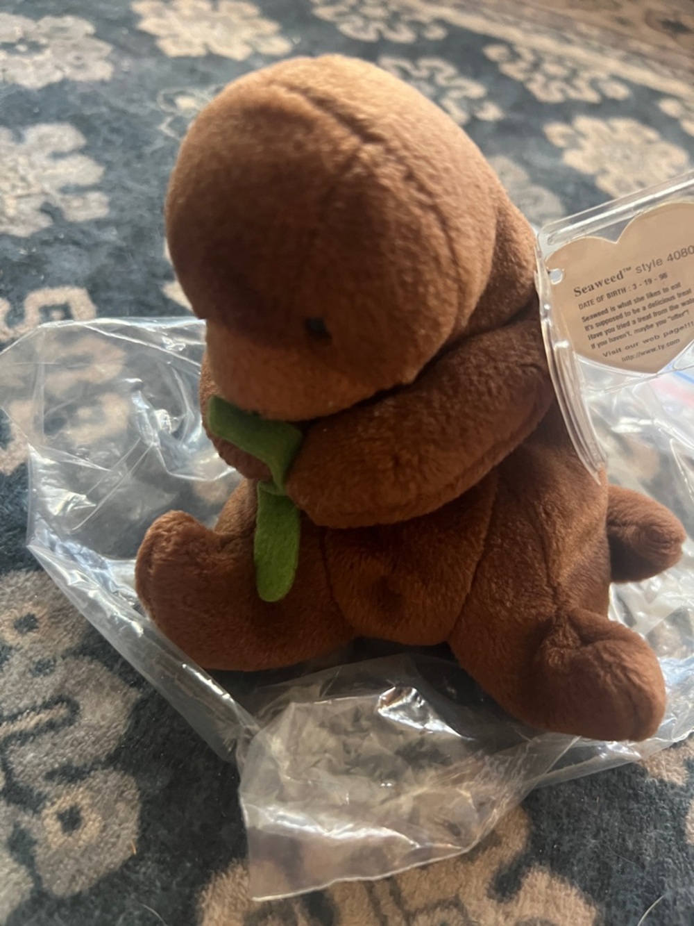 Ty Brown Plush Seal with Green Seaweed Accent
